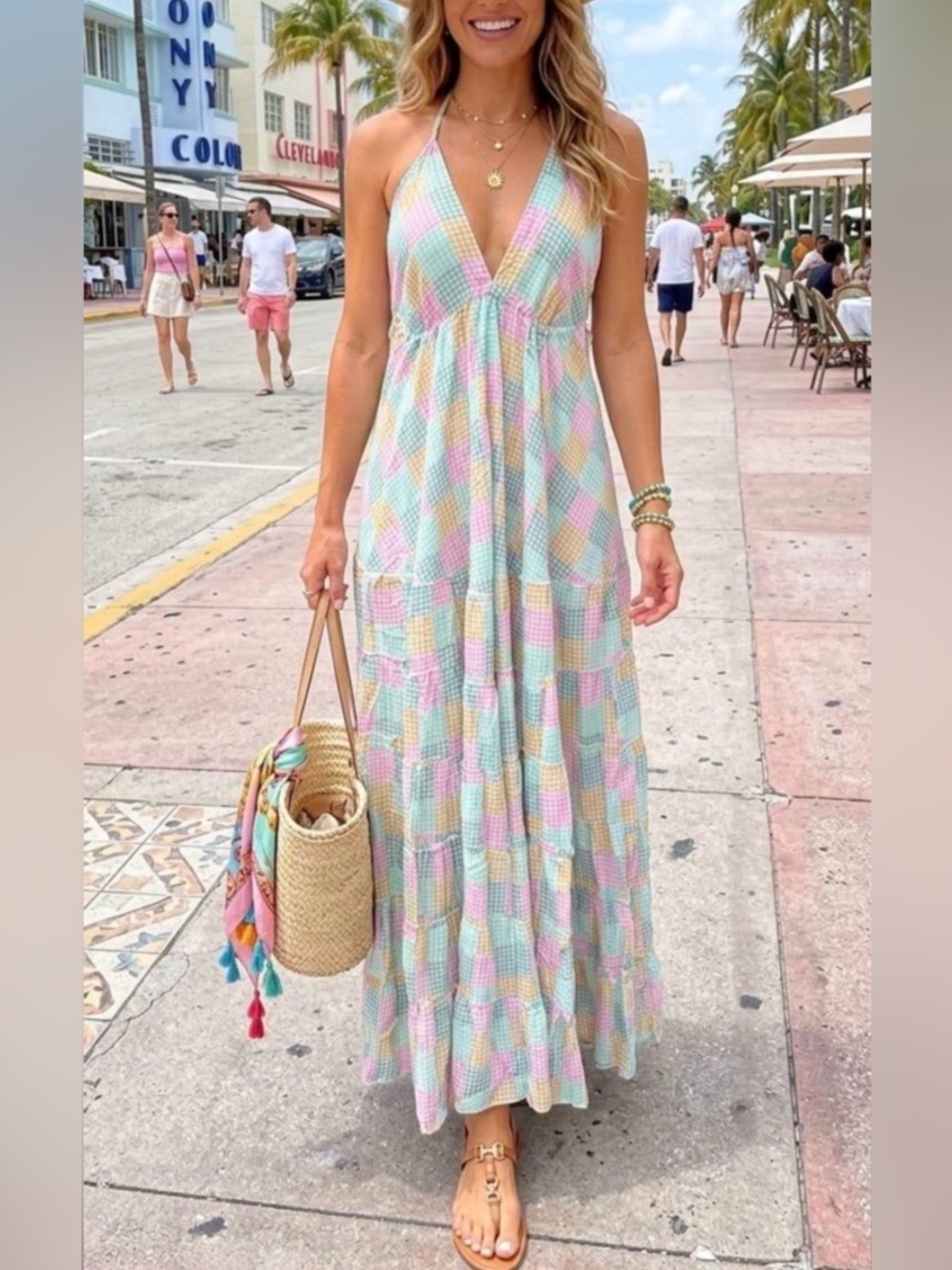 Zury Multi Gingham Patchwork Halter Maxi